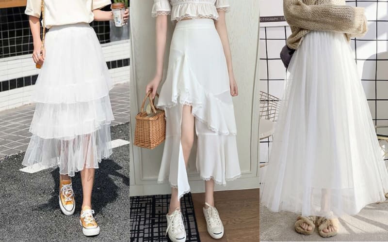 Kết hợp áo phông trắng với chân váy dài